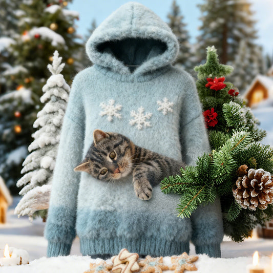 Christmas Cat Felt Art Women's Hooded Plush Sweater elevenforest
