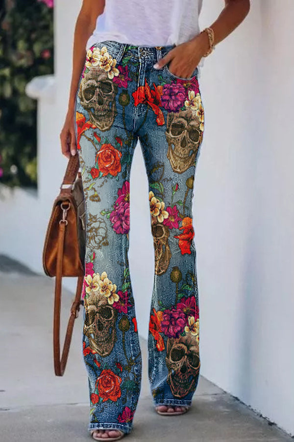 KL | Pantalones acampanados de tiro alto con estampado de imitación