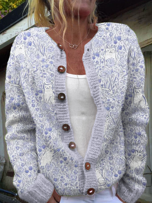 Cat Garden Print Women's Cozy Sweater Cardigan elevenforest