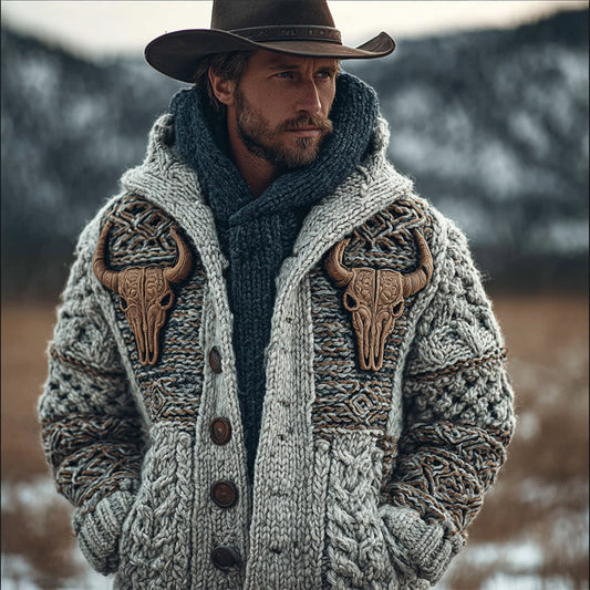 Men's Vintage Western Bull Skulls Chunky Cozy Knit Hooded Cardigan elevenforest