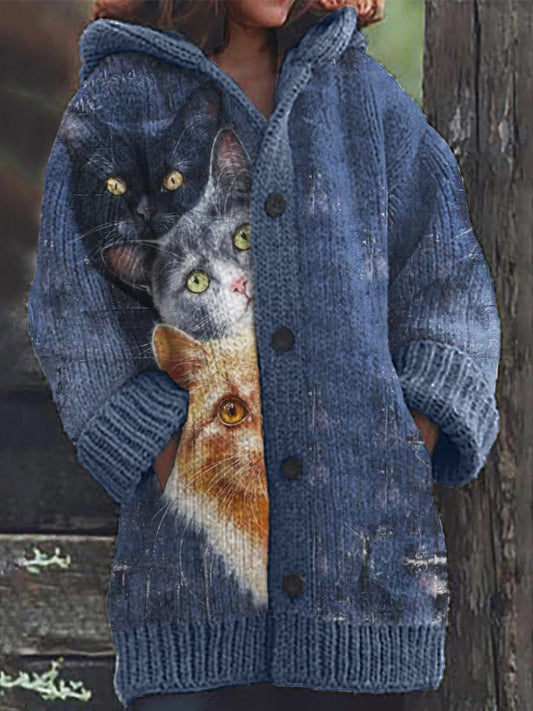 Comstylish Fuzzy Cats Peeking Art Cozy Knit Hooded Cardigan