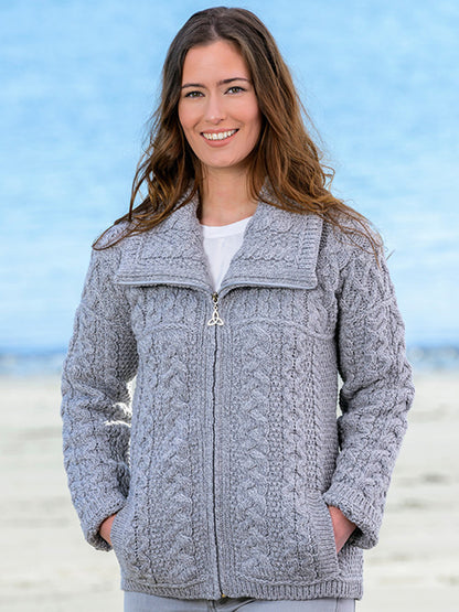 Women's Vintage Double Collar Zip Merino Aran Cardigan artswardrobe