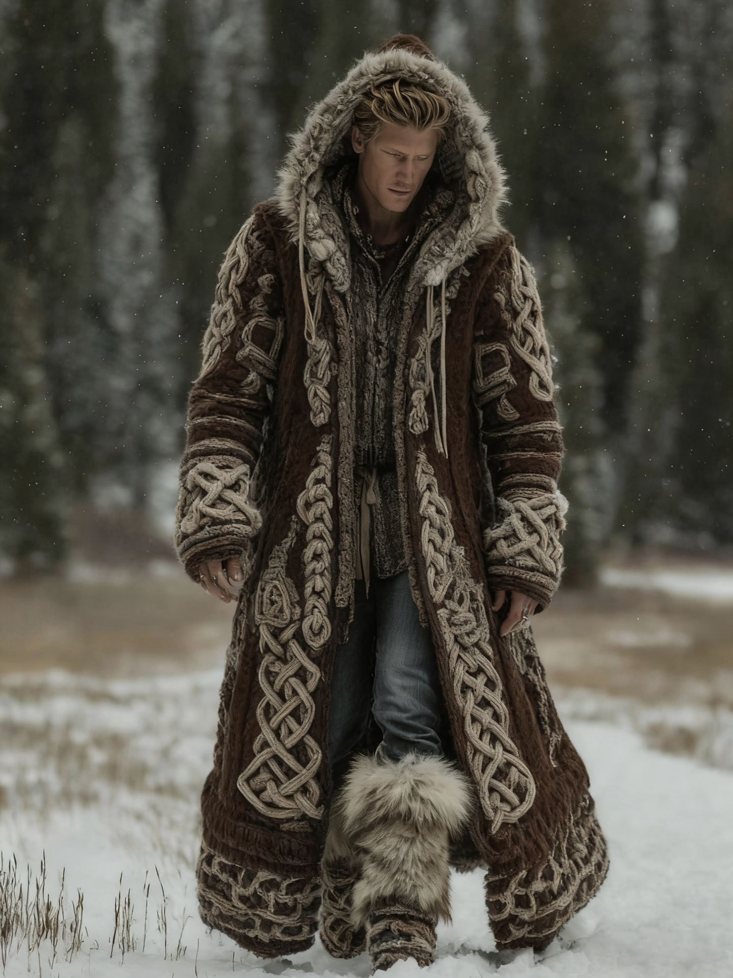 Men's Viking Celtic Knot Art Pocket Mid-length Fur Collar Chunky Knit Cardigan Sweater artswardrobe