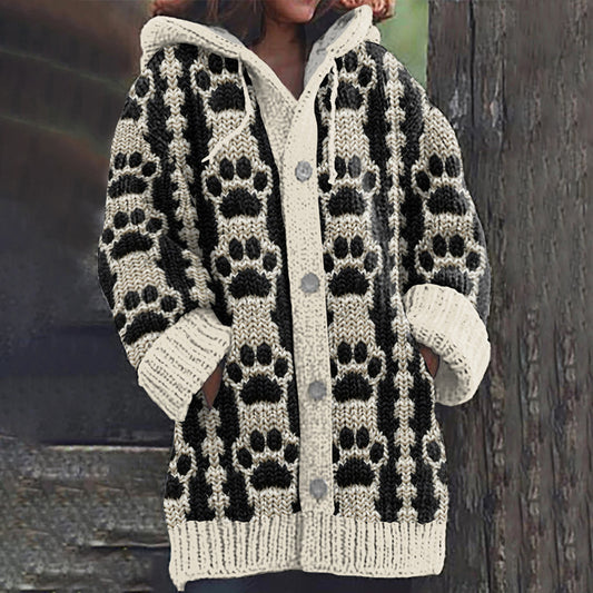 Women's Retro Cat Paw Stripes Art Graphics Cozy Cardigan Sweater elevenforest
