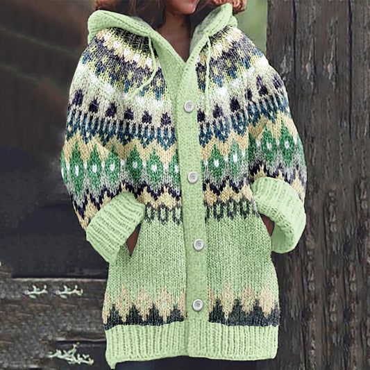 Retro Geometric Inspiration Icelandic Cozy Hooded Knitted Cardigan elevenforest