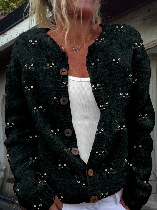 Cute Cat Face Pattern Cozy Knit Cardigan elevenforest