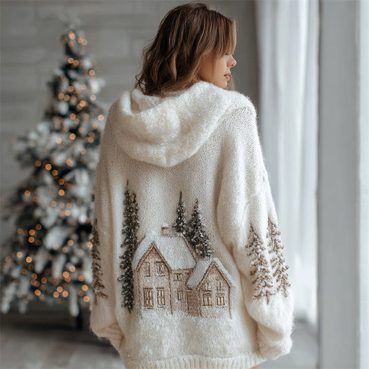 Christmas Snowy Cottage Forest Inspired Cozy Hooded Cardigan