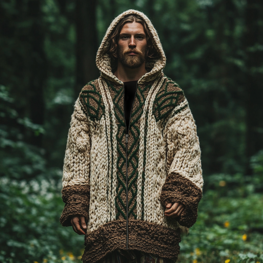 Men's Irish Celtic Knotted Chunky Knit Zipper Hooded Coat elevenforest