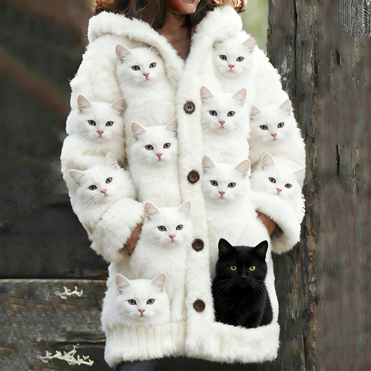 Comstylish White And Black Cat Plush Cardigan