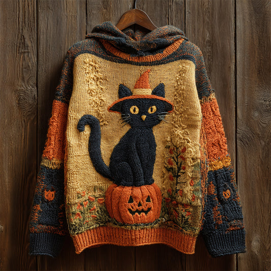 Halloween Black Cat With Hat & Pumpkin Art Women's Knit Hooded Sweater elevenforest