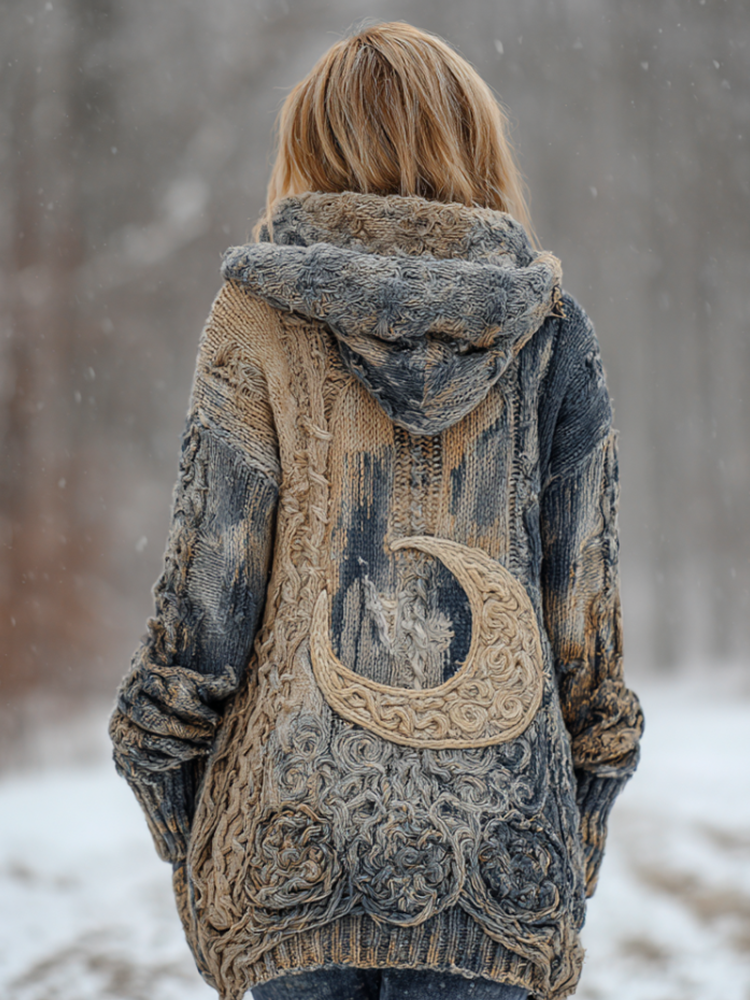 Women's Star And Moon Element Winter Warmth Knit Hooded Cardigan Sweater Jacket artswardrobe