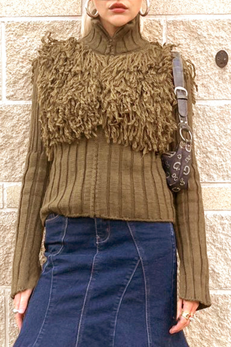 Desirée® | Casual solid color turtleneck sweaters with fringe trim and zip fastening