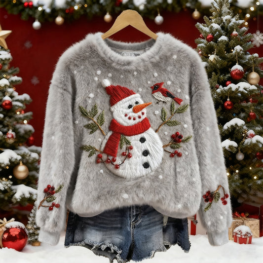Women's Christmas Snowman Flower And Bird Embroidery Art Plush Sweatshirt