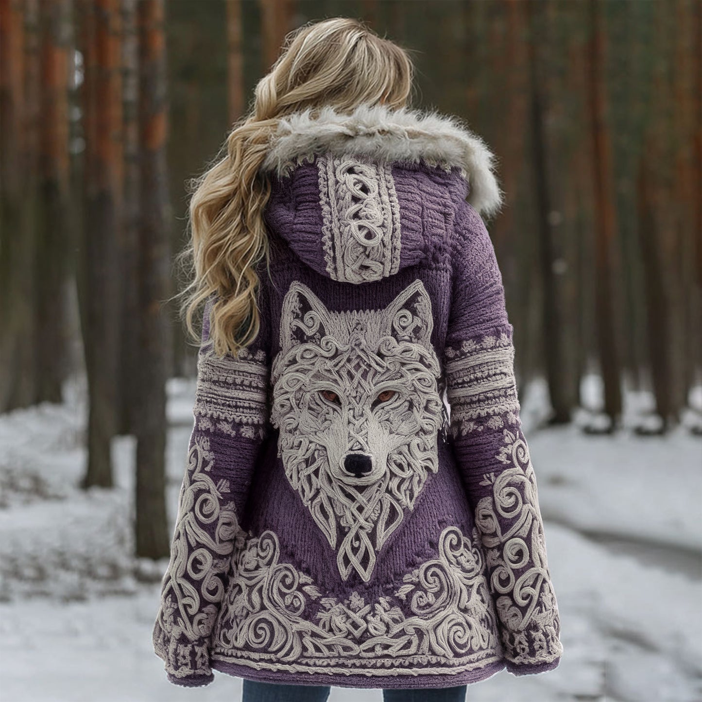 Women Viking Wolf Celtic Knot Art Cozy Fur Collar Hooded Cardigan artswardrobe