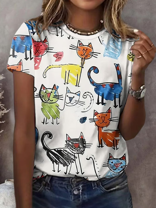Women's Casual Cat Floral Print Short Sleeve T-shirt elevenforest
