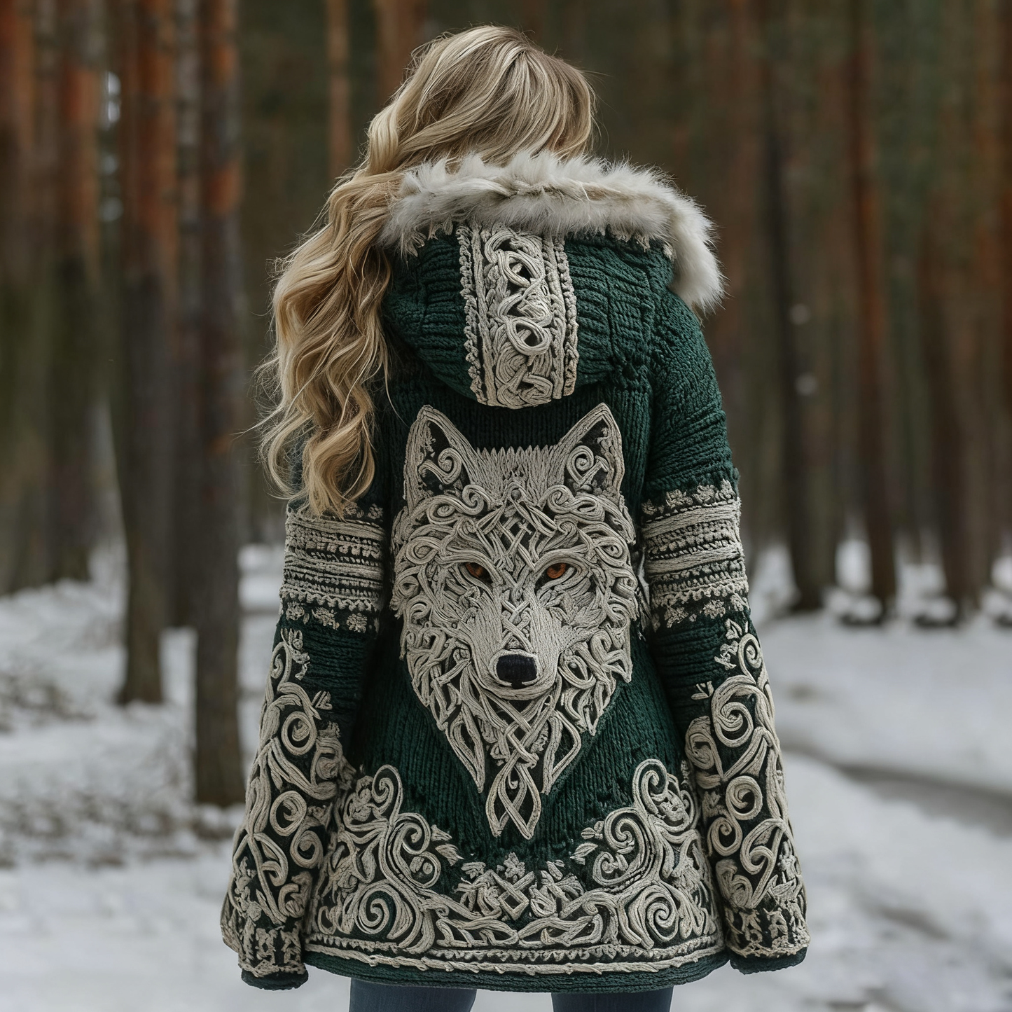Women Viking Wolf Celtic Knot Art Cozy Fur Collar Hooded Cardigan artswardrobe