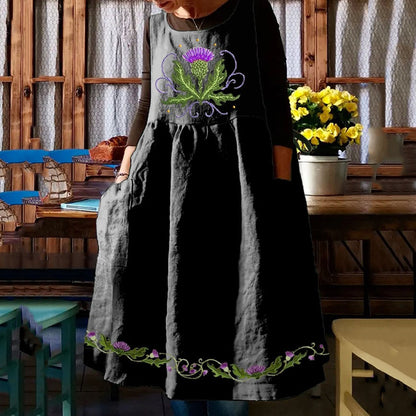 Scottish Thistle Embroidered Sleeveless Linen Blend Midi Dress artswardrobe