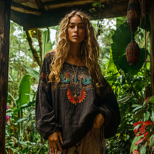 Retro Bohemian Resort Art Embroidery Print Cotton And Linen Blend Loose Blouse artswardrobe