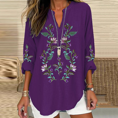 Scottish Thistle Embroidered Linen Blend Blouses artswardrobe