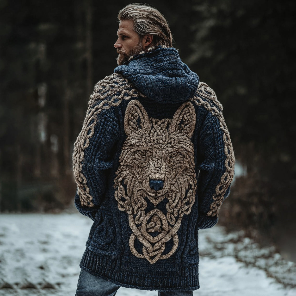 Men's Viking Wolf Celtic Knot Chunky Knit Colorblock Cozy Hooded Cardigan artswardrobe