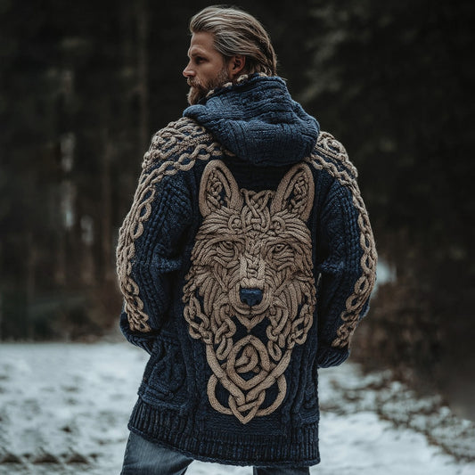 Men's Viking Wolf Celtic Knot Chunky Knit Colorblock Cozy Hooded Cardigan artswardrobe