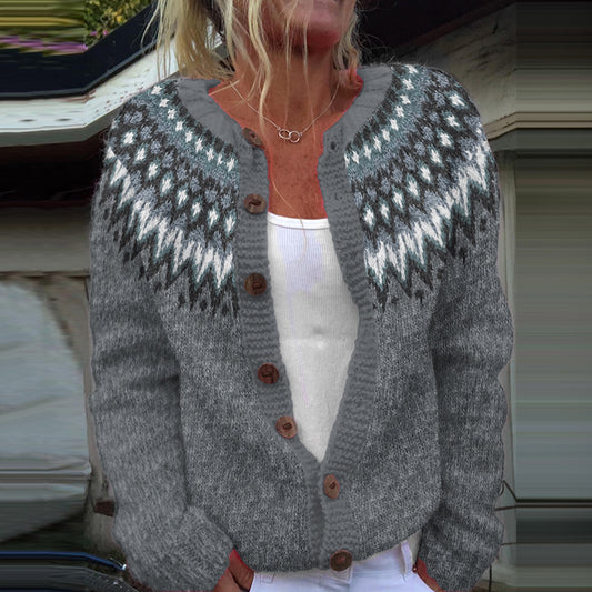 Retro Wavy Pattern Crew Neck Sweater Cardigan elevenforest