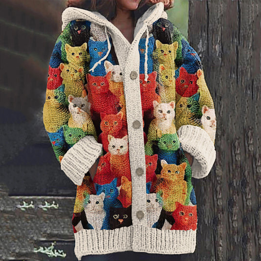 Women's Funny Colorful Cat Art Graphics Cozy Cardigan Sweater elevenforest