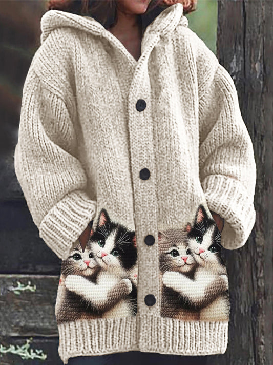 Lovely Cats Embrace Crochet Cozy Knit Hooded Cardigan elevenforest