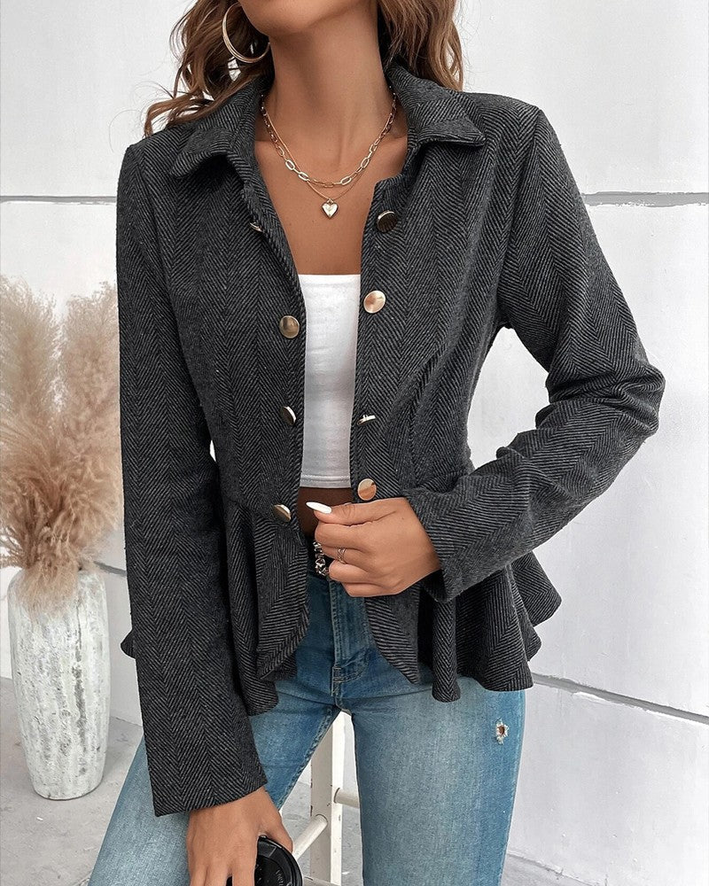 CM | Blazer de rayas con botones y dobladillo fruncido, elegante corte entallado