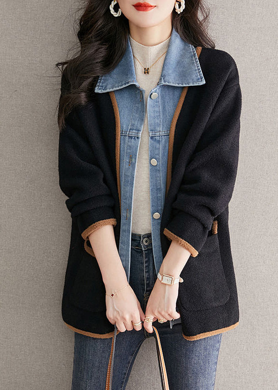 Abrigo de lana negro único con cuello bebé, patchwork vaquero, con look de dos piezas, otoño
