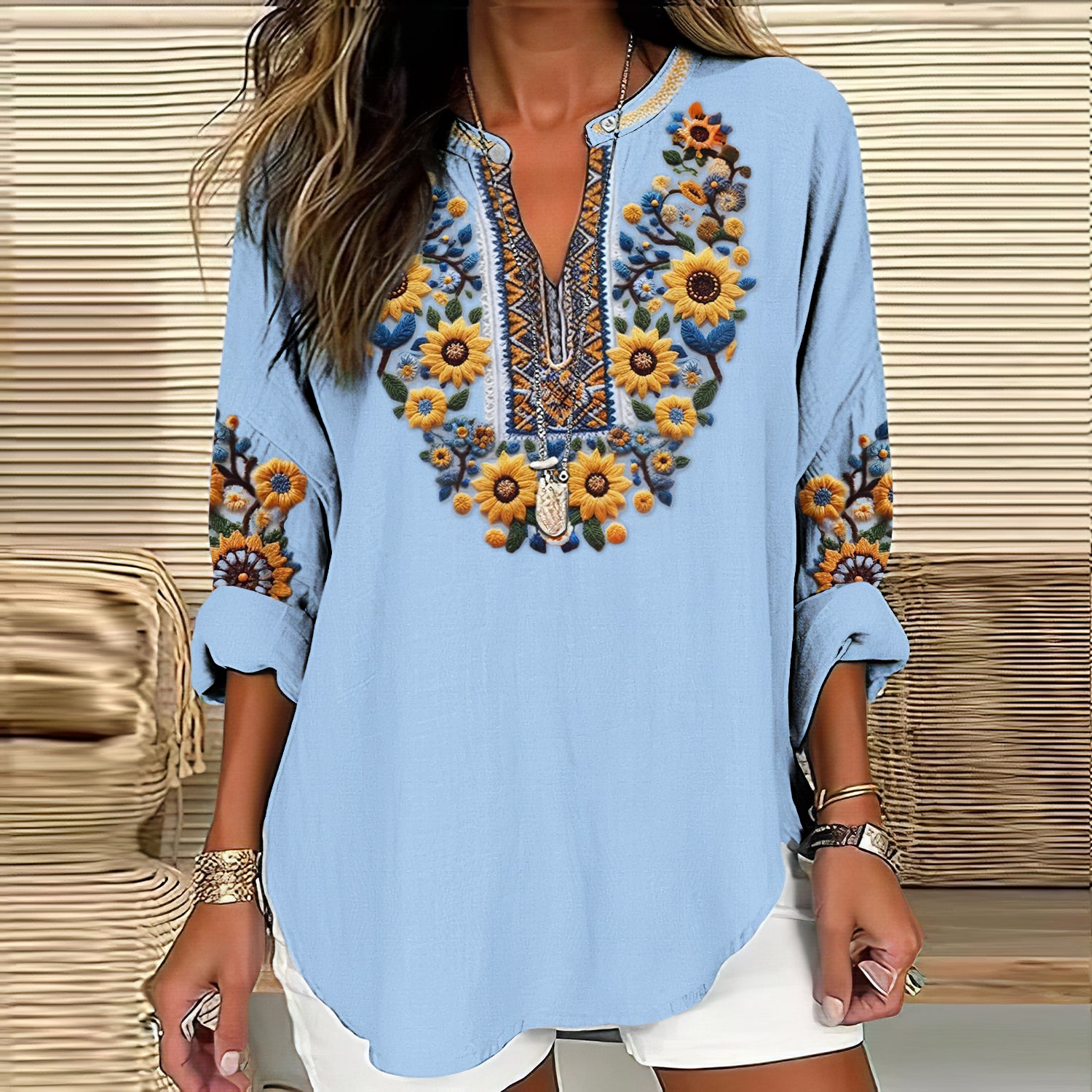 Comstylish Women's Ukraine Sunflower Embroidery Art V-neck Casual Linen Blend Blouse