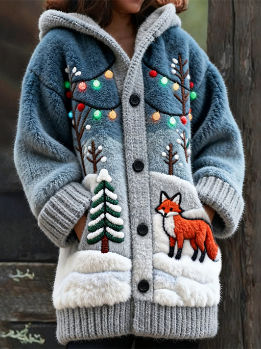 Christmas Forest Fox Women's Knit Hooded Cardigan