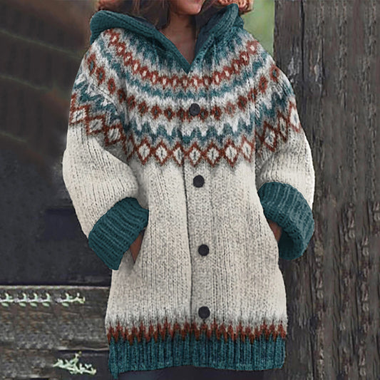 Fairman Island Geometric Contrast Pattern Hooded Sweater Cardigan elevenforest