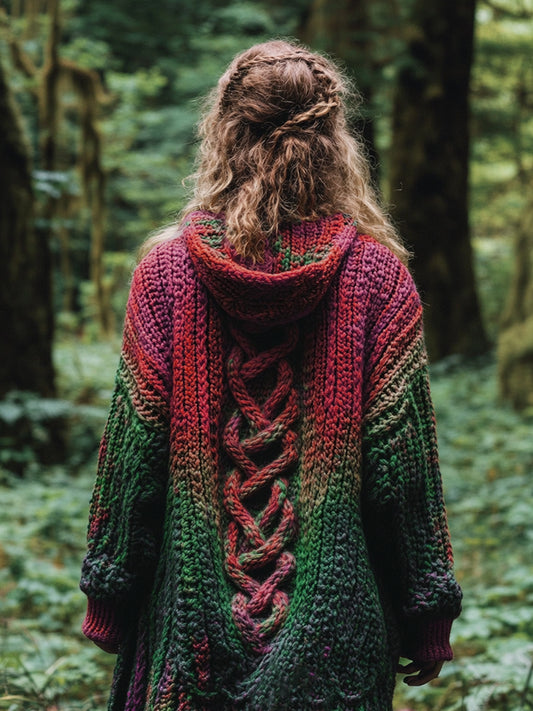 Women's Celtic Knot Retro Rainbow Chunky Knit Hooded Cardigan elevenforest