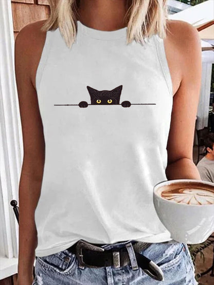 Women's Casual Funny Black Cat Print Vest elevenforest
