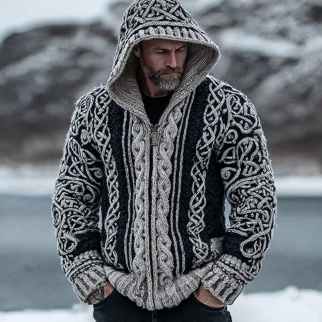 Men'svintage Viking Celtic Contrast Zip Up Hooded Cardigan artswardrobe