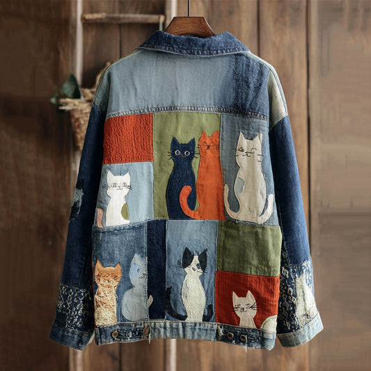Women's Cute Patchwork Cat Print Denim Jacket elevenforest