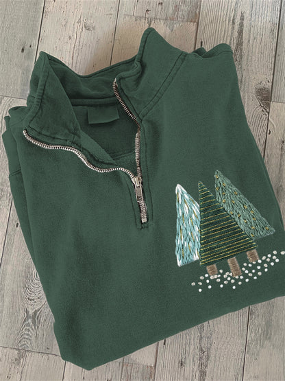 Comstylish Christmas Trees Embroidery Collar Zipper Sweatshirt