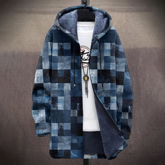 Men's Vintage Abstract Geometric Art Comfort Plush Hooded Coat elevenforest