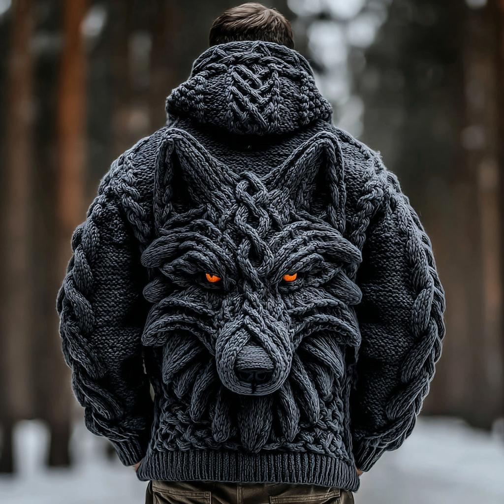 Men's Viking Wolf Totem Chunky Knit Hooded Cardigan artswardrobe