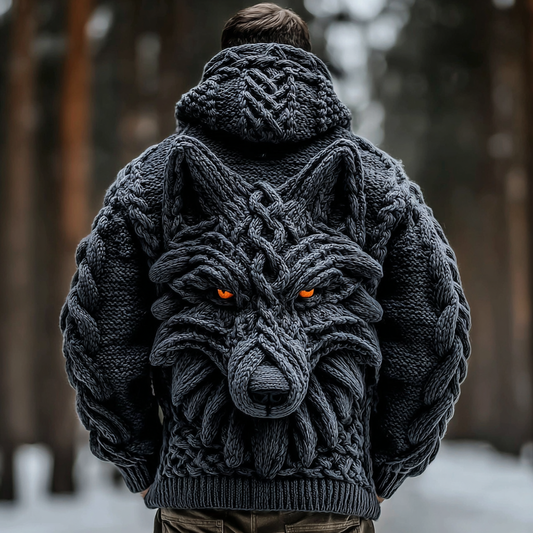 Men's Viking Wolf Totem Chunky Knit Hooded Cardigan artswardrobe