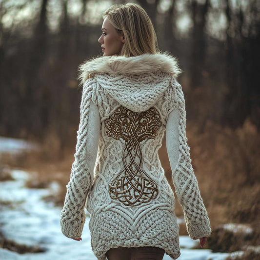 Women's Viking Style Celtic Knot White Hooded Cardigan Sweater artswardrobe