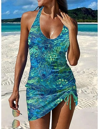 Swimwear Tankini Skirt Swimsuit Vacation Graphic V Neck Sleeveless Bathing Suits