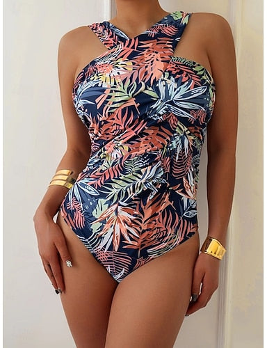 Swimwear One Piece Monokini Swimsuit Tummy Control High Waist Slim Backless Vacation Tropical Graphic Halter Neck Sleeveless Bathing Suits