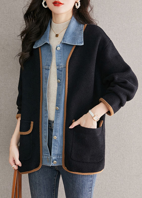 Abrigo de lana negro único con cuello bebé, patchwork vaquero, con look de dos piezas, otoño