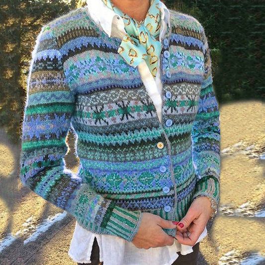 Vintage Ethnic Button Wavy Jacquard Sweater Cardigan elevenforest