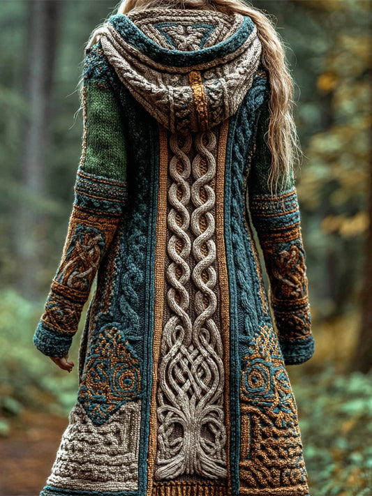 Viking Celtic Tree Vintage Women's Knit Hooded Long Cardigan artswardrobe