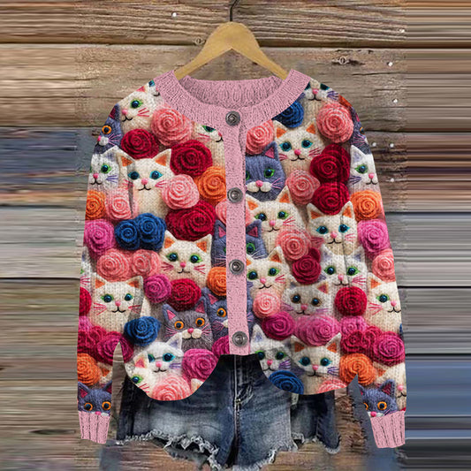 Cats Floral Embroidered Crew Neck Cozy Cardigan elevenforest