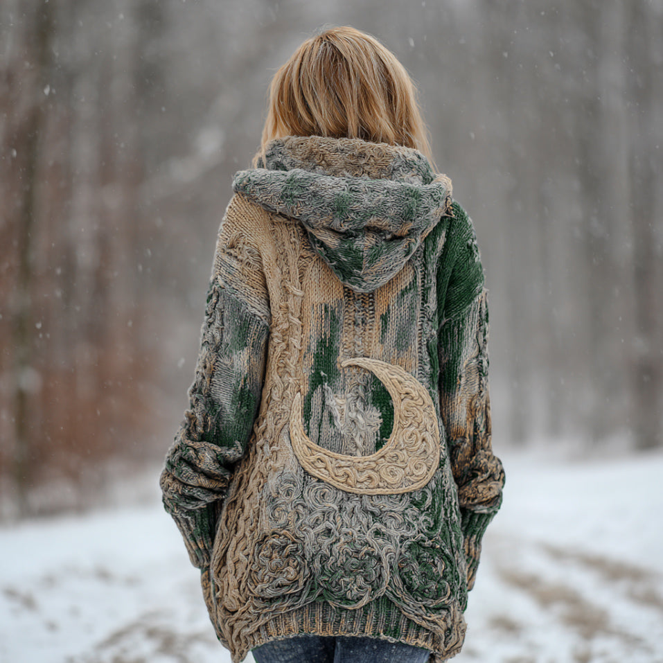Women's Star And Moon Element Winter Warmth Knit Hooded Cardigan Sweater Jacket artswardrobe