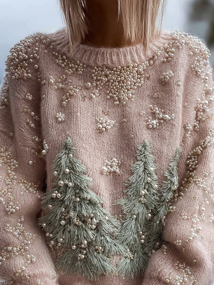 Jersey de algodón con árboles de bosque bordados y detalles de perlas